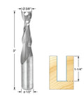 Solid Carbide Compression Spiral End Mill For CNC 3 Flute Half Inch Diameter Cutting Length One And Five Eighths Inches Shank Half Inch Overall Length Three And A Half Inches High Feed Rates For Abrasive Materials, shown with dimensions and wood cut diagram
