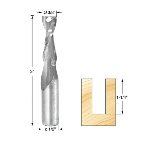 Solid Carbide Compression Spiral End Mill For CNC 3 Flute Half Inch Diameter Cutting Length One And Five Eighths Inches Shank Half Inch Overall Length Three And A Half Inches High Feed Rates For Abrasive Materials, shown with dimensions and wood cut diagram