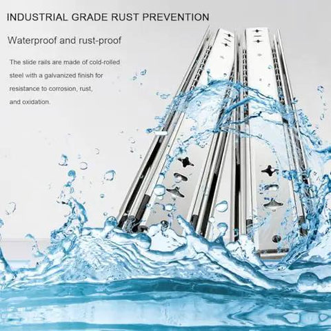 Heavy Duty Drawer Slides Featuring Full Extension Locking Runners With Bulletproof Ball Bearing Tracks, shown with water for rust resistance.