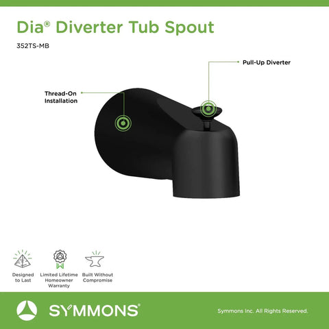 Dia Diverter Tub Spout Matte Black Brass Construction With Classic Pull Up Handle, Rust and Corrosion Resistant, front view