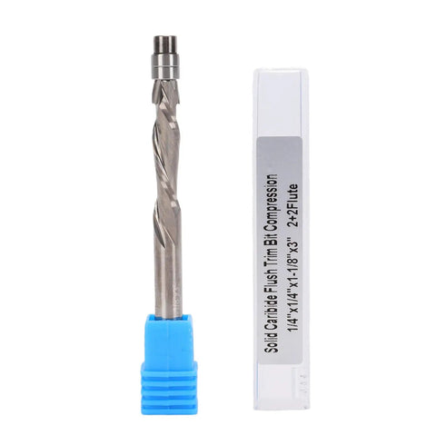 Fafeicy 1/4 Inch Shank Flush Trim Router Bit For CNC And Milling Tables With Precise 1 1/8 Inch Cutting Length, showing a detailed view with blue shank.