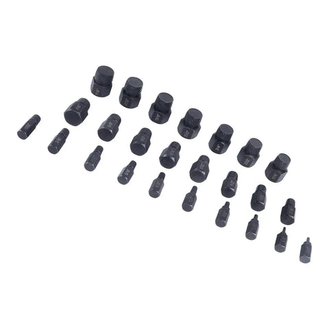 Beast 25 Piece Screw Extractor Set for Broken Screws and Bolts in alloy steel, various sizes from 1/8 inch to 7/8 inch.