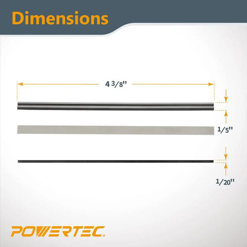 Top Shelf Carbide Handheld Planer Blades 4-3/8 Inch dimensions including widths of 1/5 inch and 1/20 inch displayed.