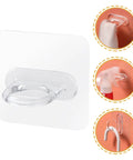 Heavy Duty Adhesive Wall Hooks 30 Pack Straight Up No Drill Setup For Bathroom Kitchen Storage Waterproof Plastic Home Organization Clips on a wall holding cleaning bottles and towels.