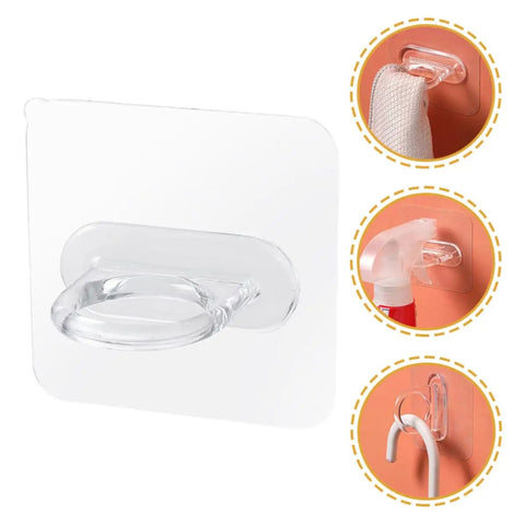 Heavy Duty Adhesive Wall Hooks 30 Pack Straight Up No Drill Setup For Bathroom Kitchen Storage Waterproof Plastic Home Organization Clips on a wall holding cleaning bottles and towels.