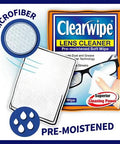 Front view of ClearWipe microfiber wipes, white, 40-count, pre-moistened lens cleaner.