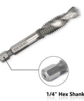 Close-up of a Six Piece Drill Tap Combination Bit Set With 1/4 Inch Hex Shank For 1/8 To 3/8 Inch Sizes HSS 4341 High Speed Steel bit