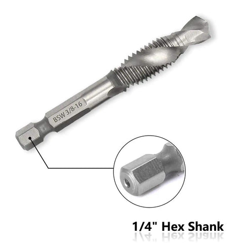 Close-up of a Six Piece Drill Tap Combination Bit Set With 1/4 Inch Hex Shank For 1/8 To 3/8 Inch Sizes HSS 4341 High Speed Steel bit