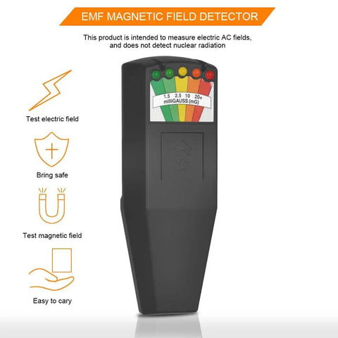 EMF Meter With 5 LED Magnetic Field Detector displaying LED indicators for home, office, and outdoor inspections.