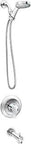 Meena Chrome Single Handle Sleek Modern Bathtub And Shower Faucet with handshower and lever handle displayed vertically