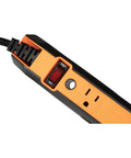 Close-up of Magnetic Power Strip With Motion Sensor LED Light, 5 Outlets, USB C And 2 USB A Ports, showing power switch and outlet
