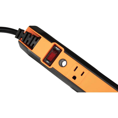 Close-up of Magnetic Power Strip With Motion Sensor LED Light, 5 Outlets, USB C And 2 USB A Ports, showing power switch and outlet