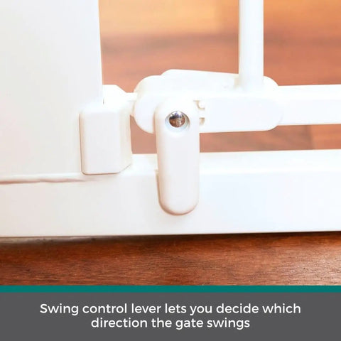 Close-up of swing control lever on Extra Tall Walk Thru Pet Gate For Large Dogs With Adjustable Pass Through Door.