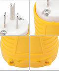 Close-up of Heavy Duty NEMA 5-15P To Dual Receptacle Adapter 15 Amp 125 Volt yellow ABS plug with grounded prongs.