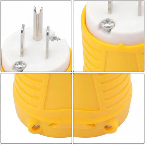 Close-up of Heavy Duty NEMA 5-15P To Dual Receptacle Adapter 15 Amp 125 Volt yellow ABS plug with grounded prongs.