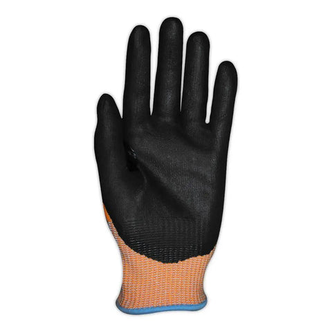 TriTek Oil And Liquid Absorbing Work Gloves With DX Technology For ANSI A4 Cut Protection, palm view, size 10/XL, black and orange.