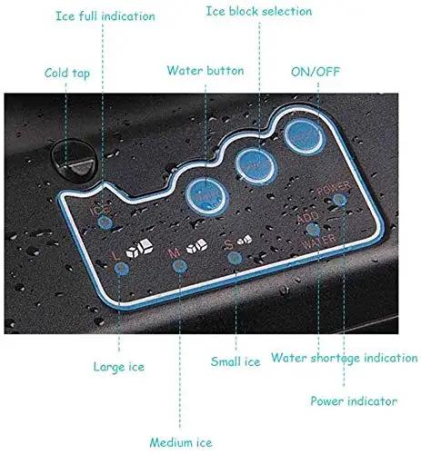 Control panel of Badass Compact Countertop Ice Maker with buttons for ice selection and indicators for water and power.