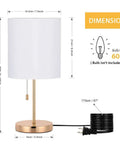 Lit Gold Nightstand Lamp With Metal Base And Fabric Shade, 16.1 inch height, pull chain, UL Listed, 67 inch cord, dimensions shown