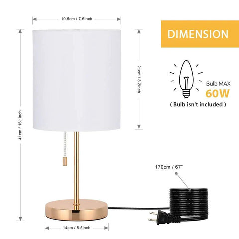 Lit Gold Nightstand Lamp With Metal Base And Fabric Shade, 16.1 inch height, pull chain, UL Listed, 67 inch cord, dimensions shown