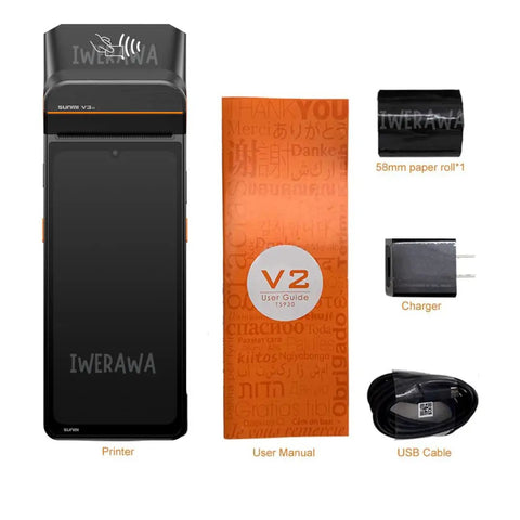 Plug And Chug Android 13 Handheld POS System With Integrated 58mm Thermal Printer, charger, user manual, and USB cable set.