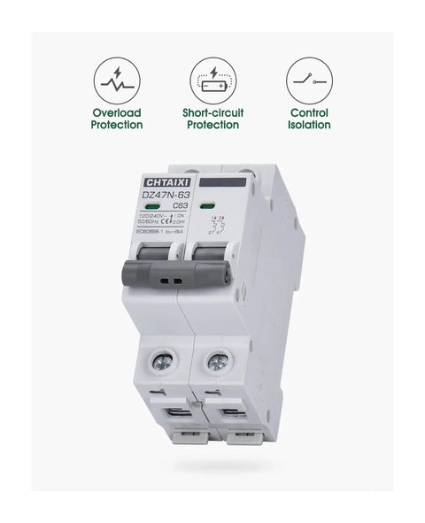 32 Amp AC Miniature Circuit Breaker 2 Pole DIN Rail Mount Thermal Magnetic Trip Switch For Solar Or Home AC Systems 120 240V C Curve MCB 63 Amp