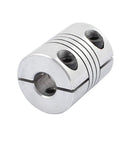 Close-up of aluminum 8mm-to-8mm shaft coupling, 25mm long, 20mm diameter, two-set-screw joint (pack of 2)