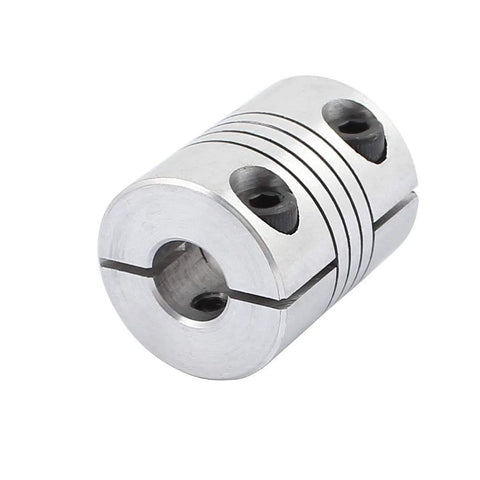 Close-up of aluminum 8mm-to-8mm shaft coupling, 25mm long, 20mm diameter, two-set-screw joint (pack of 2)
