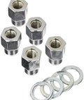 Premium Steel Chrome Wheel Lug Nuts For Hot Rods And Street Builds Set Of 5 with matched washers displayed on white background.