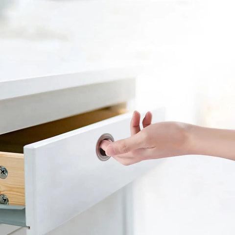 16 Piece Stainless Steel Recessed Round Drawer Pulls Set For Wardrobes And Dressers in use on white drawer