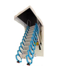 Smooth Operated Electric Motorized Loft Ladder With Telescopic Attic Stairs showing blue reinforced frames and non-slip steps.
