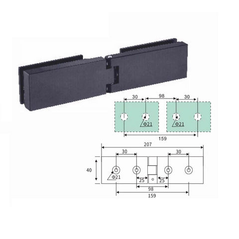 Heavy Duty Glass Shower Hinge 2 Pack Featuring 180 Degree Rotation and Solid Clamp, displaying technical dimensions and design.