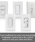 Image of Quiet 3 Speed Ceiling Fan Wall Switch with Slider Control, depicting white switches suitable for slim wallboxes.
