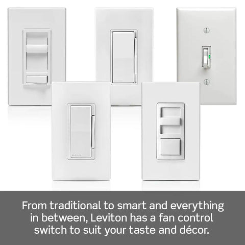 Image of Quiet 3 Speed Ceiling Fan Wall Switch with Slider Control, depicting white switches suitable for slim wallboxes.