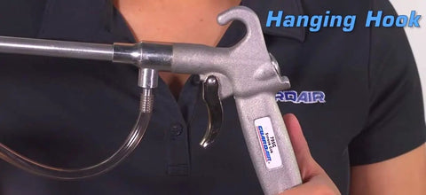 Syphon Oil And Solvent Spray Gun With Classic Pistol Grip 12 Inch Aluminum Extension Brass Nozzle, hanging hook detail shown.