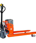 Heavy Duty Electric Pallet Jack With 6600 Lb Capacity Pro Grade Full Lithium Battery powered truck in orange with forks.