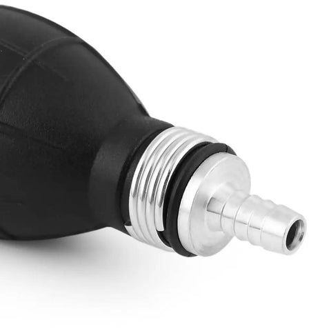 Close-up of primer bulb and connector on rugged heavy duty fuel line hose for boats and RVs, five sixteenth inch inner diameter.