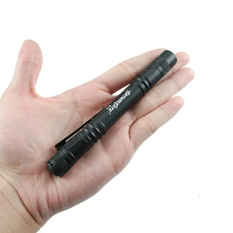 Ultra Compact Led Pen Light With Clip Five Pack Mini Flashlights For Quick Inspections Three Modes shown in hand for scale