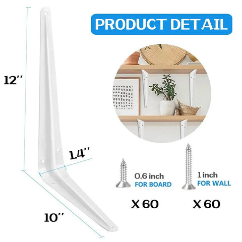 Diagram of 20 Pack 12 Inch White Heavy Duty Steel Shelf Brackets Set L Shaped Wall Mount Braces with screws for wood shelves.