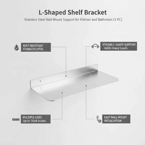 Sturdy Stainless Steel L Shaped Shelf Bracket Wall Mount for kitchen and bathroom, stainless steel, rust-resistant support diagram.