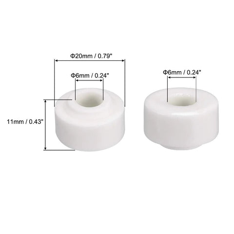 Two white ceramic insulator beads, 6mm hole, 20mm outer diameter, 11mm tall, for heat-shrink tubing and wiring.