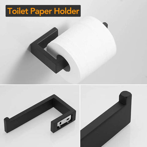 Matte Black Stainless Steel Finish 4 Piece Bathroom Accessory Set Includes 24 Inch Towel Bar, Hand Towel Holder Towel Rack, Toilet Paper Holder, And Double Towel Hooks For Wall Mounted Bath Hardware; toilet paper holder detail