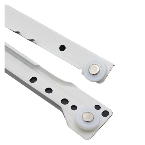 One Pair Ultra Quiet Bottom Mounted Concealed Drawer Slide Tracks With Heavy Duty Ball Bearing System Smooth As Butter Glide showing steel rails and ball bearing wheels.