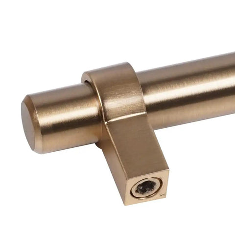Close-up of Gold Brushed Champagne Bronze Cabinet Handles Set Of Ten Five And One Sixteenth Inch Center To Center Drawer Pulls