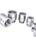 Front view of a silver metal set of thread adapters and ER collet chucks for spindle motors, in sizes ER11–ER25.