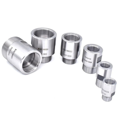 Front view of a silver metal set of thread adapters and ER collet chucks for spindle motors, in sizes ER11–ER25.