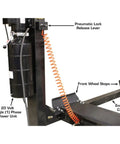 Close-up of pneumatic lock release lever and cable system on Weekend Warrior 4 Post Car Stack Lift, 7K Lb Twin Deck Garage Hoist.