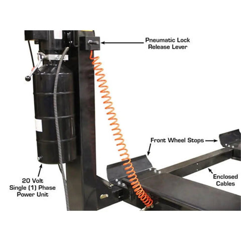 Close-up of pneumatic lock release lever and cable system on Weekend Warrior 4 Post Car Stack Lift, 7K Lb Twin Deck Garage Hoist.