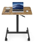 Rock Solid Mobile Standing Desk With Smooth Rollers And Quick Rise Adjustments For Effortless Sit Stand Transitions In Your Home Office Or Man Cave Featuring Classic Rustic Timber Top And Versatile Computer Workstation with laptop and coffee.