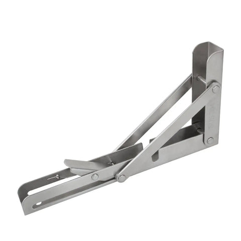 Rock Solid Heavy Duty Fold Flat Shelf Brackets No Fuss Wall Mounted Corner Brace in stainless steel with a smooth collapsing design.