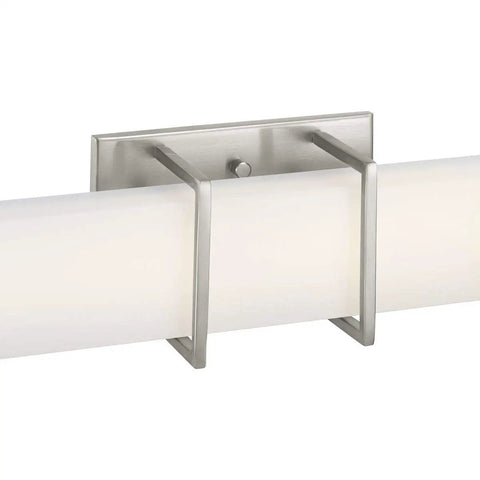 Close-up of Phase 2.2 LED Bath Vanity Light With White Acrylic Shade Modern Brushed Nickel Finish 36 Inch Dimmable Sleek Powder Room Fixture